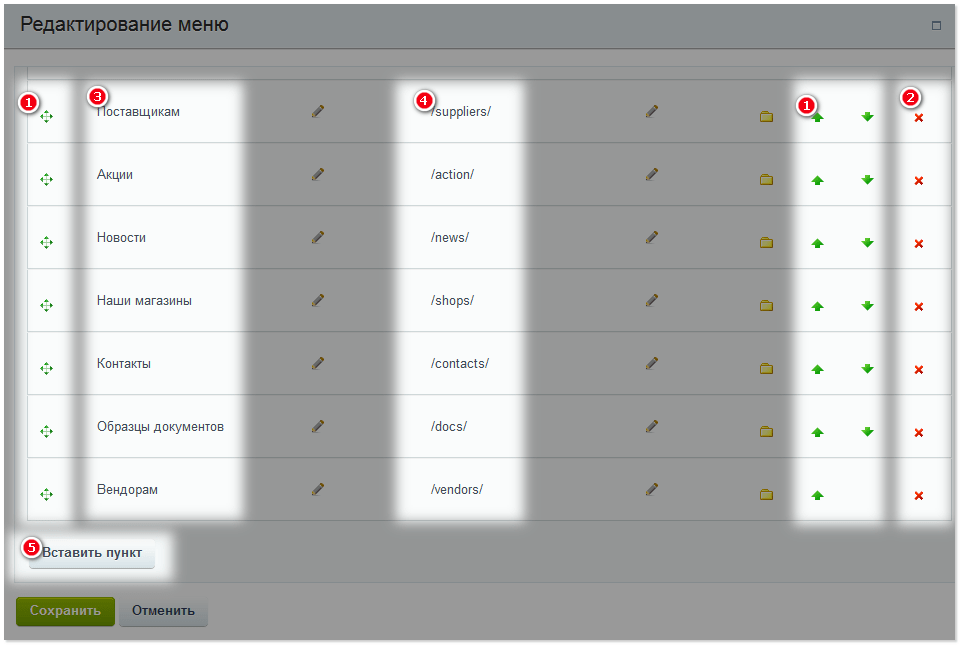 Редактирование пунктов меню