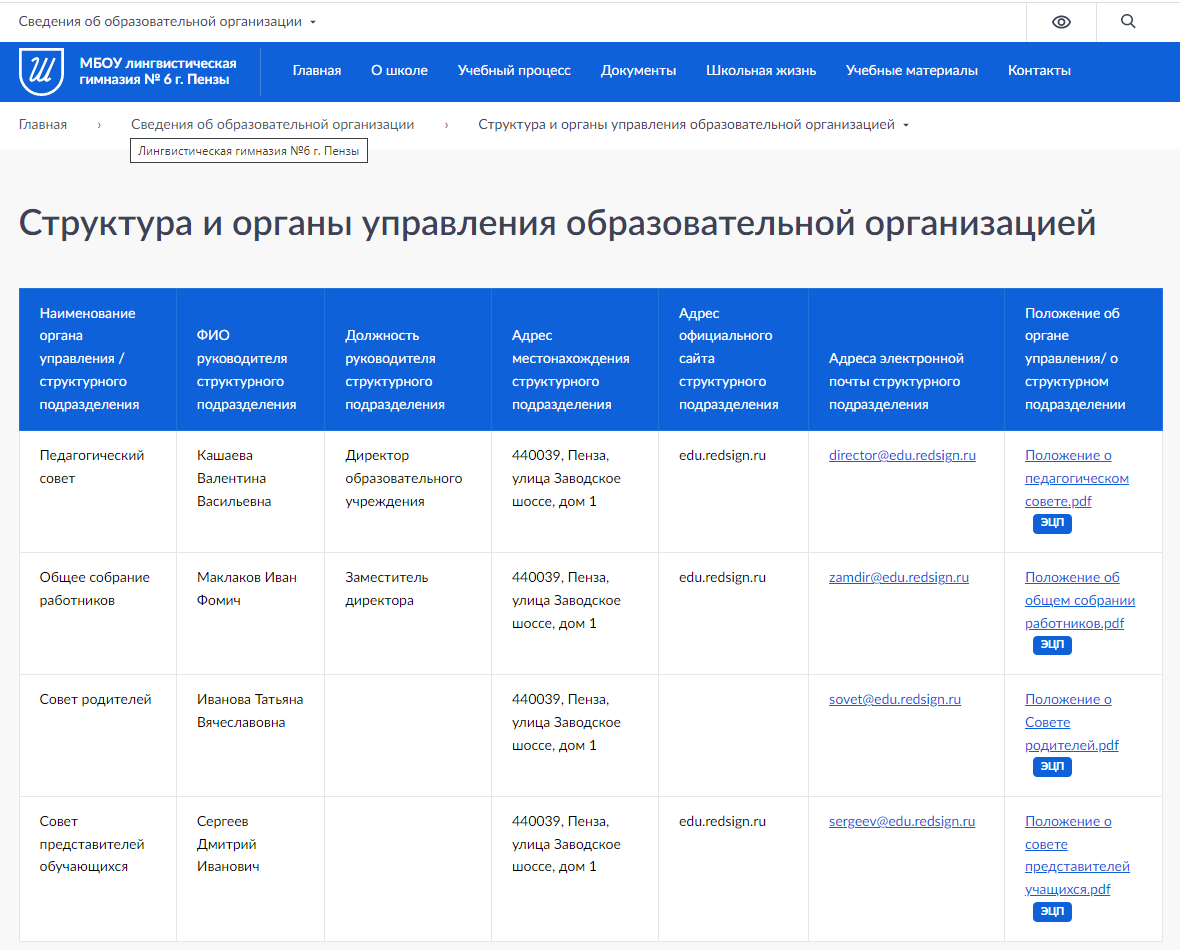 пример заполненного раздела на демоверсии платформы Сайт образовательной организации 3.0 + версия для слабовидящих.